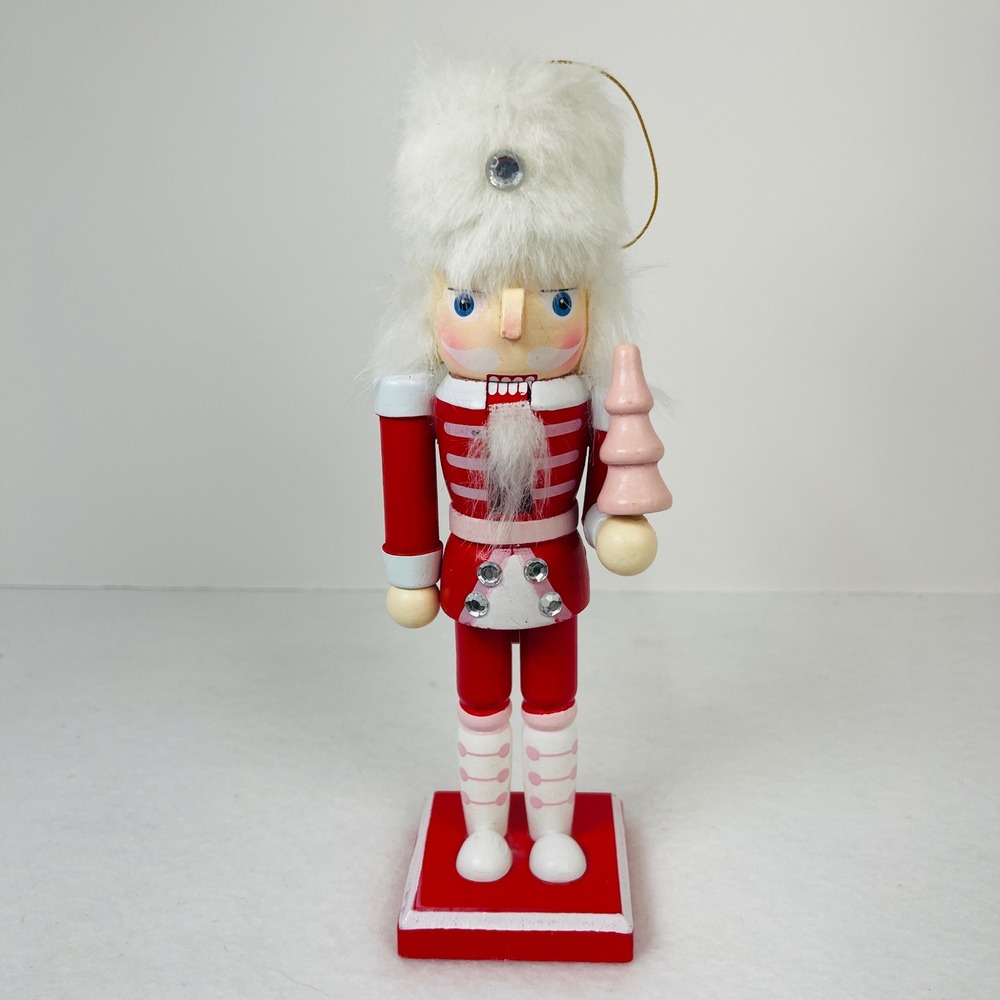 Red and Pink Wooden Nutcracker Soldier with Faux Fur Hat and Pink Tree 8 Inch